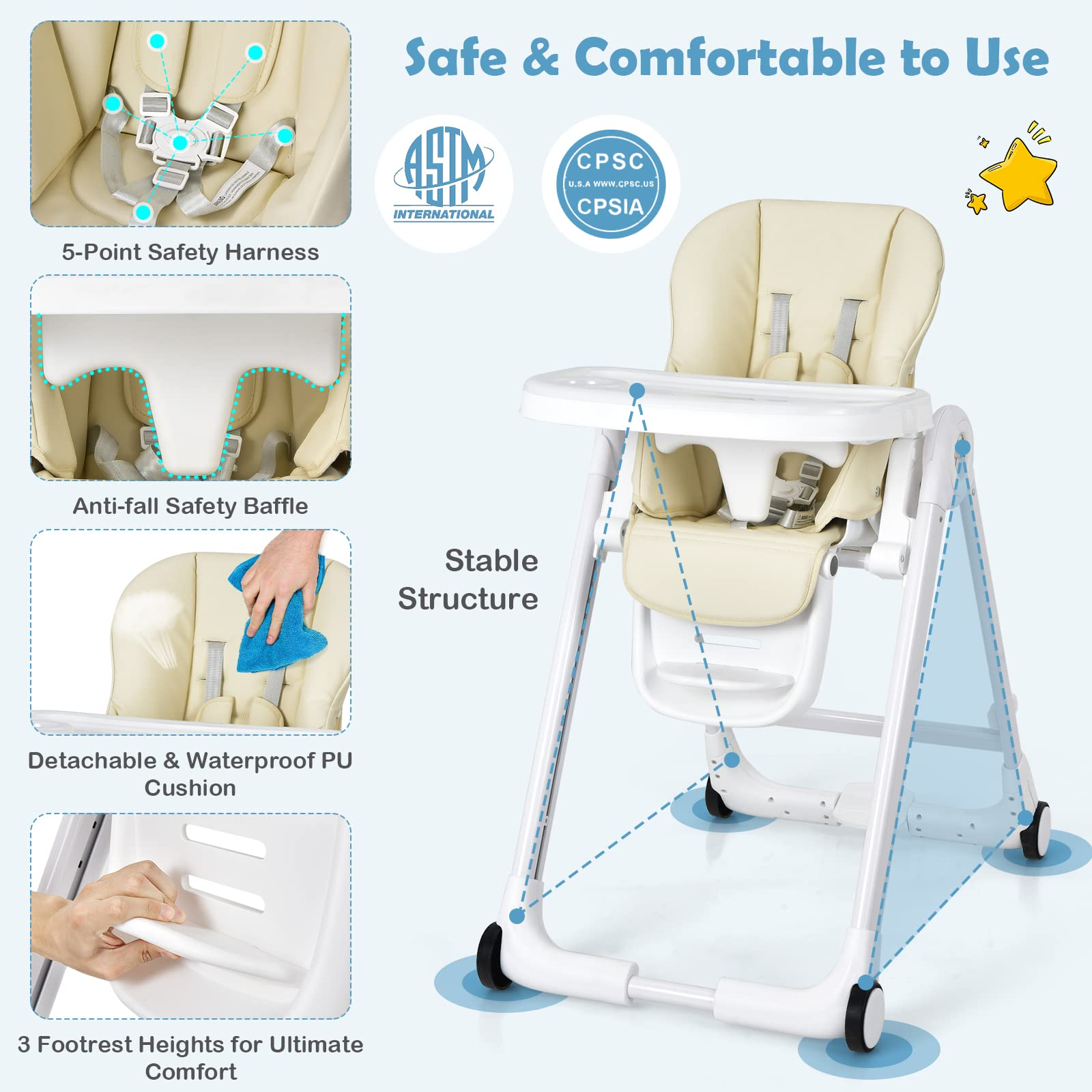 Baby High Chair, Folding Highchair w/ 4 Wheels, One-Step Brake