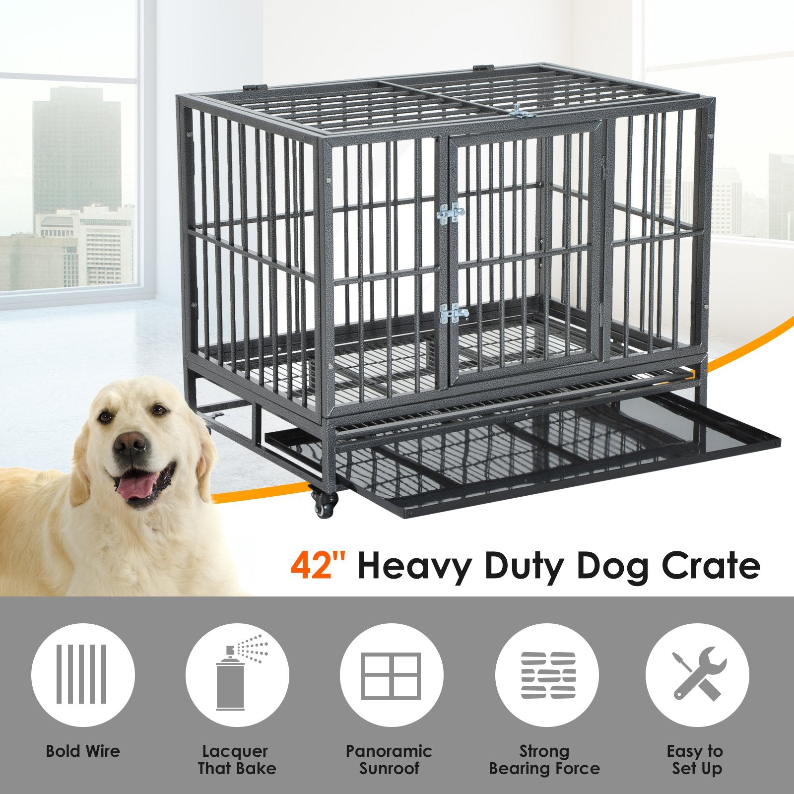 ametoys 42 Stainless Steel Elevated Large Rolling Pet Crate With Dual Pans and Wheels