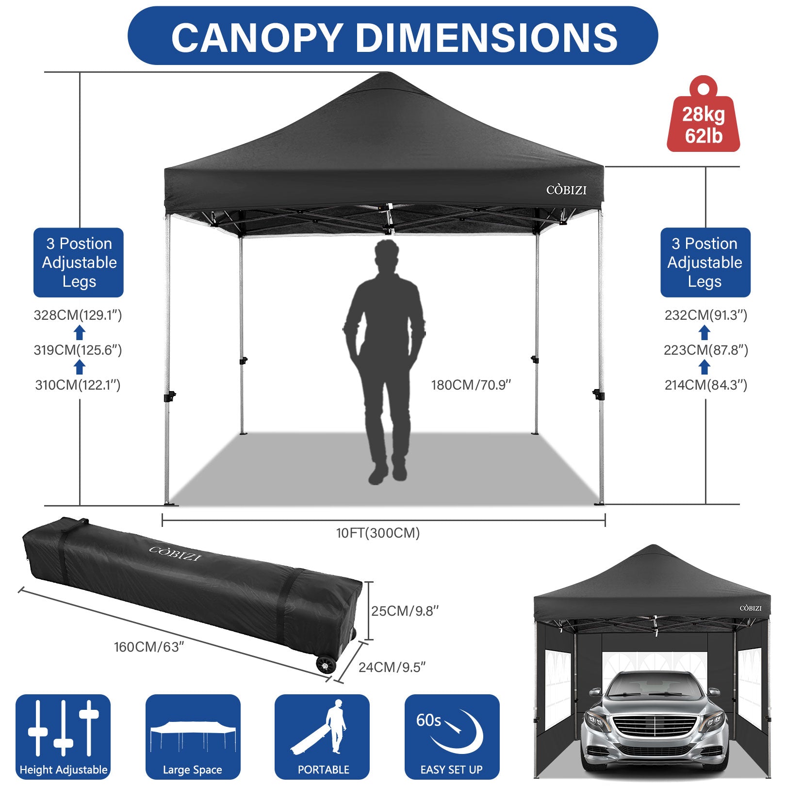 10 x 10ft Pop Up Canopy Tent Instant Outdoor Party Heavy Duty Canopy Straight Leg Commercial Gazebo Tent Shelter with 4 Removable Sidewalls, 4 Sand Bags, Roller Bag, Black