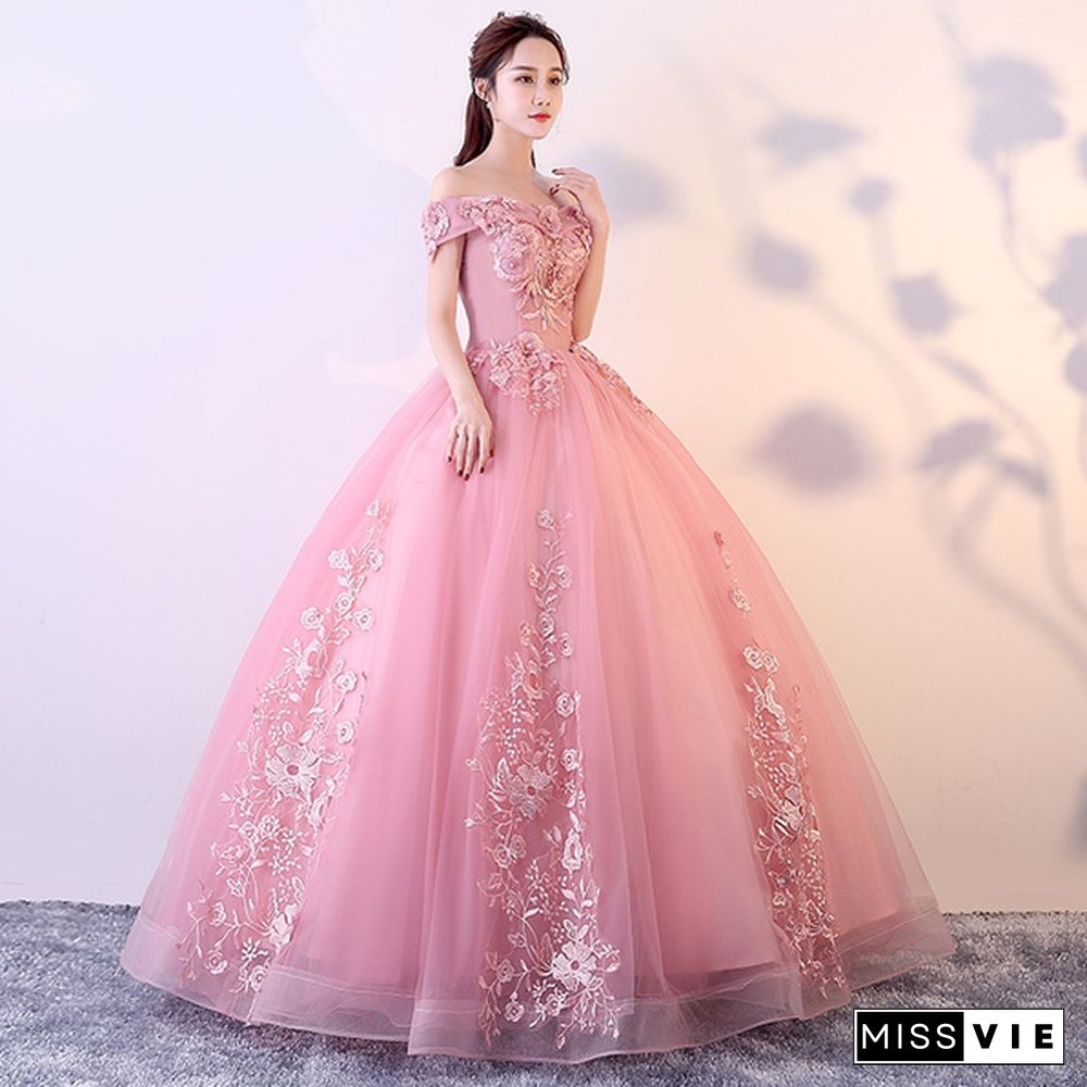 Off Shoulder Blush Pink Appliques Ball Gown Vintage Quinceanera Dresses Lace Up Formal Prom Gowns Pink Tulle Dresses