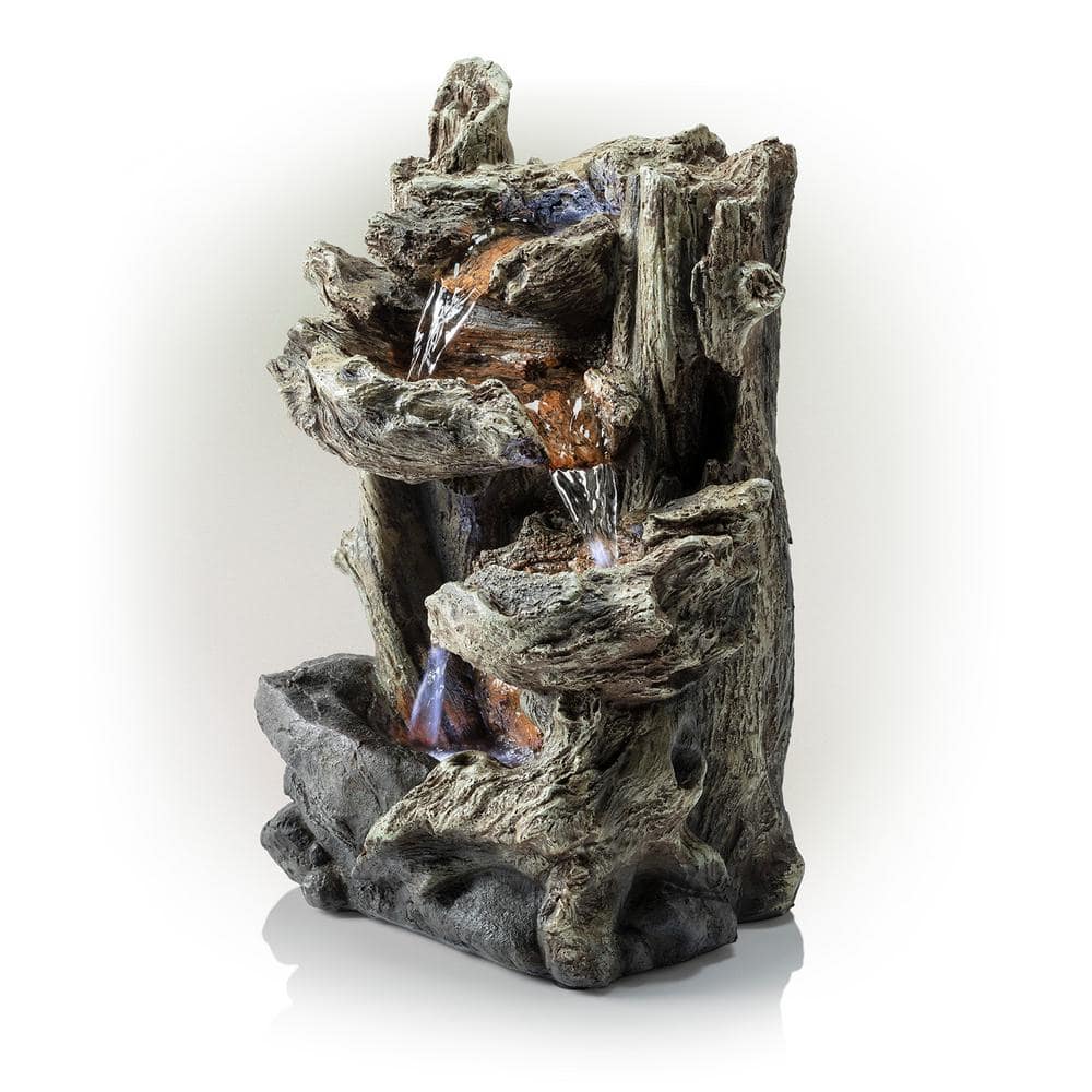 Alpine Corporation 14 in. Tall Indoor Tiered Log Tabletop Fountain with LED Lights WIN794S