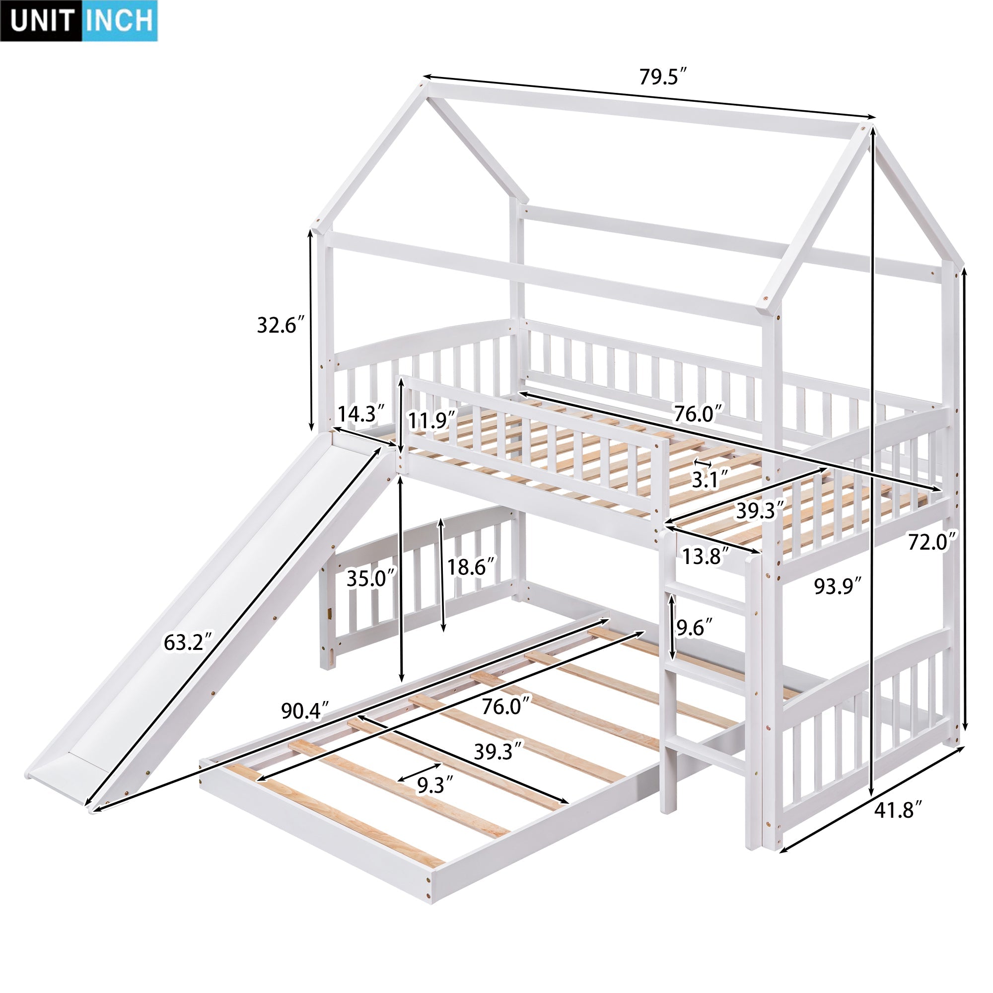 Bellemave House Bunk Bed with Slide, Wood Twin Over Twin L-Shape Bunk Bed Frame with Ladder for Kids Teens (White)