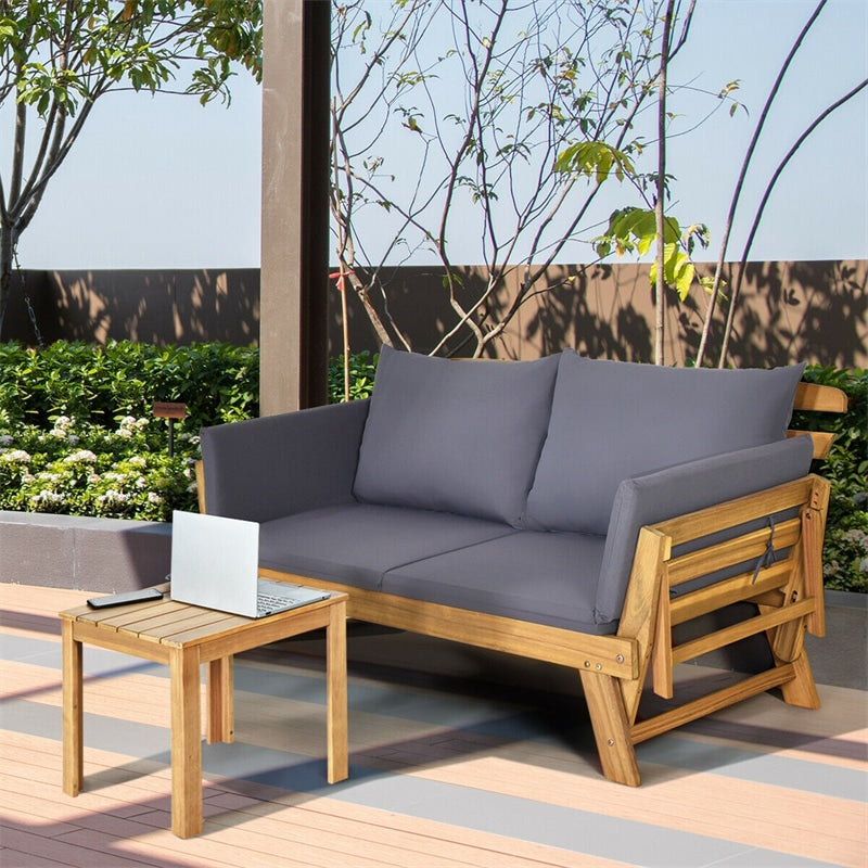 Outdoor Daybed Acacia Wood Convertible Couch Sofa Bed with Adjustable Armrest & Cushion