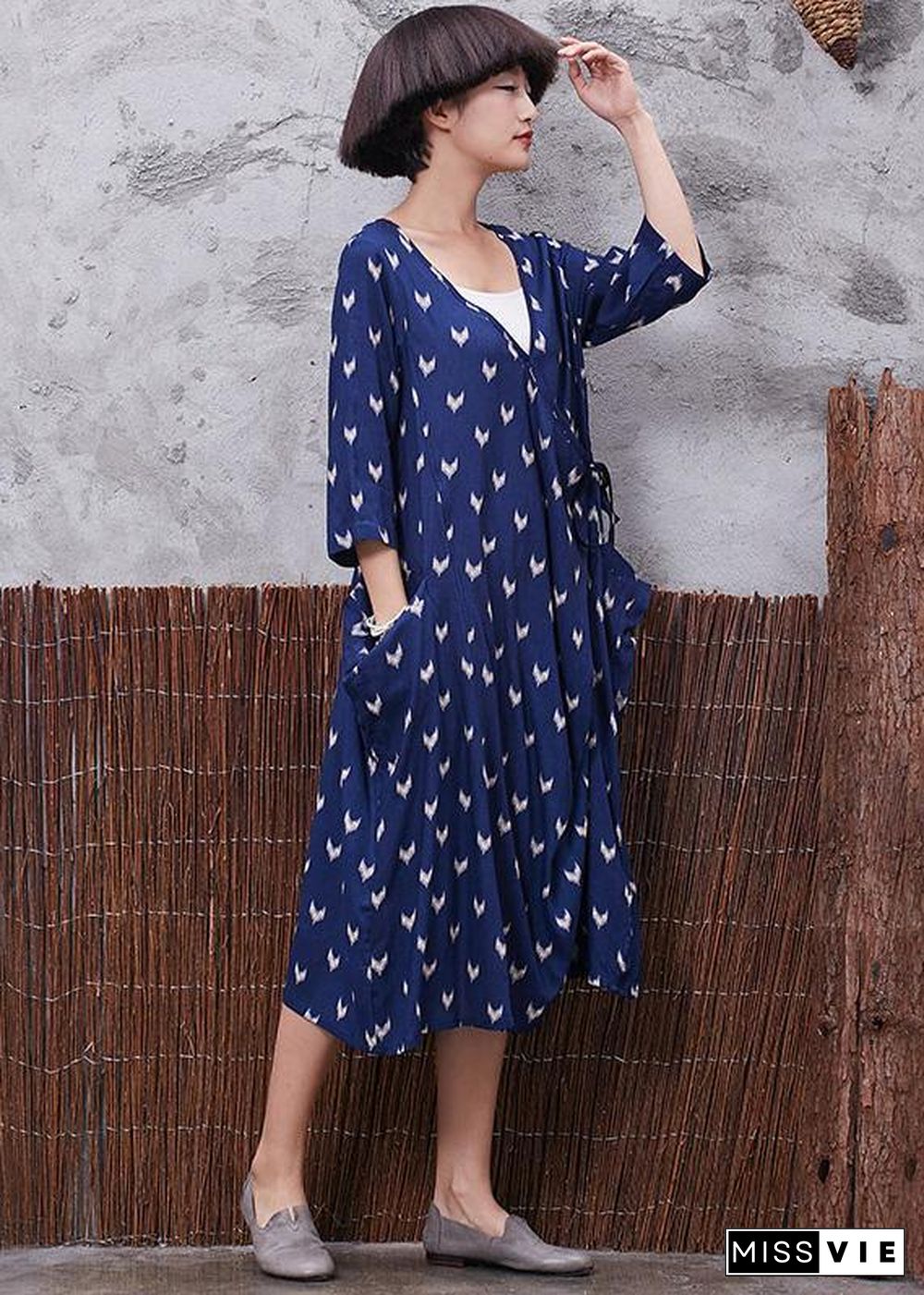 French blue prints v neck linen quilting clothes asymmetric tie cotton robes summer Dresses