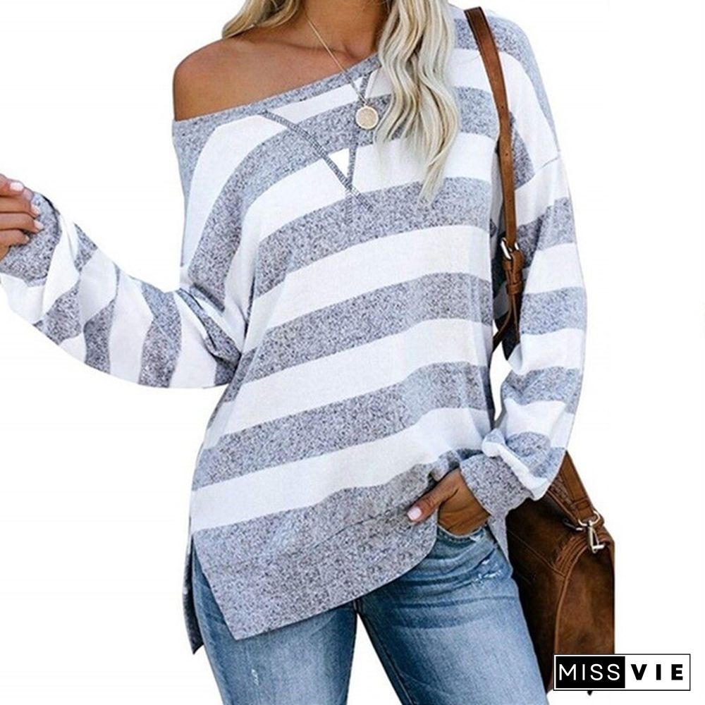 New Women Fashion Long Sleeve O Neck Striped Loose Plus Size Spring Pullover T-shirt Blouse