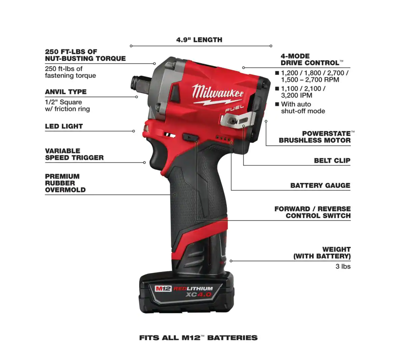 Milwaukee 2555-22-49-66-7011 M12 FUEL 12V Cordless Brushless Stubby 1/2 in. Impact Wrench Kit with 1/2 in. Drive SAE Deep Socket Set (12-Piece)