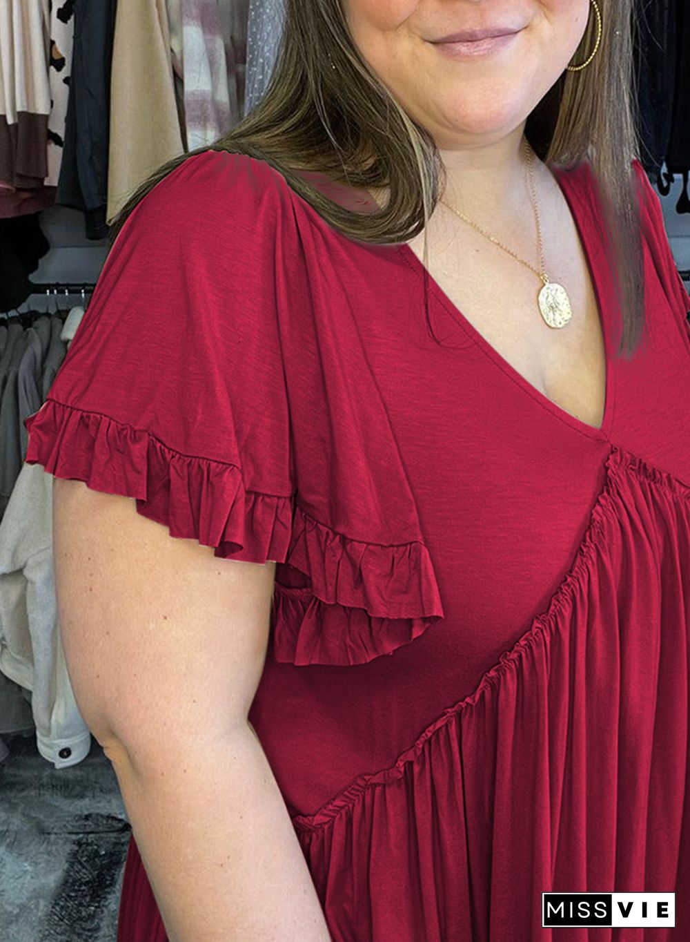 Red Plus Size V Neck Ruffle Sleeve Peplum Blouse