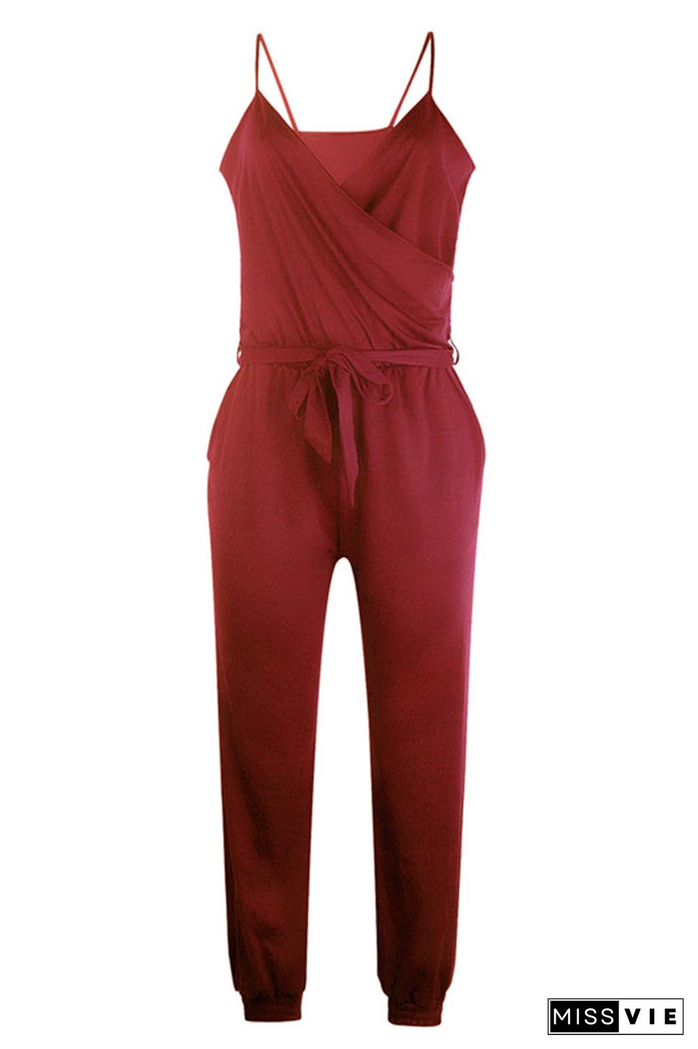 Red Solid Color Slip Jumpsuit With Belt