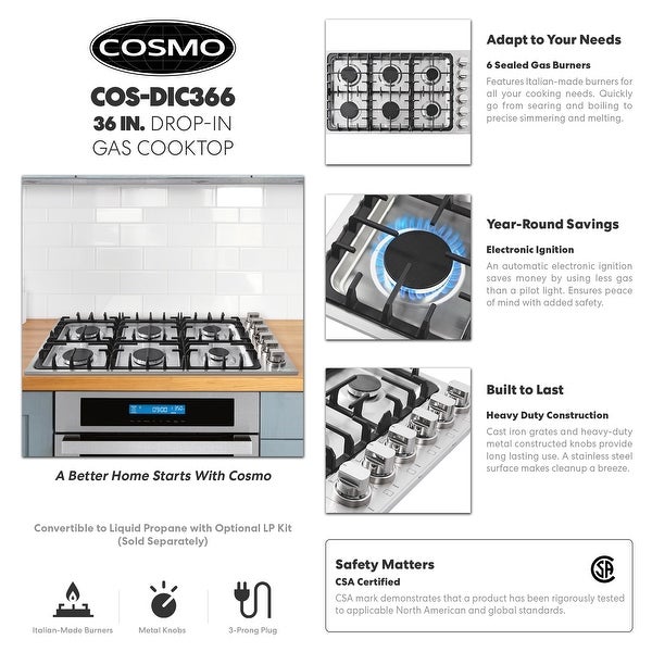 36 in. Gas Cooktop in Stainless Steel with 6 Italian Made Burners - 36 in.