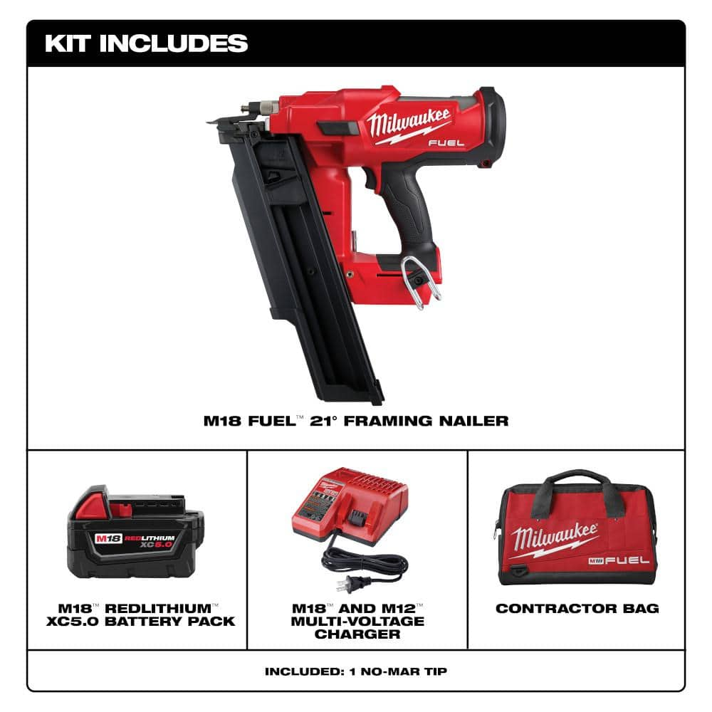 Milwaukee M18 FUEL 3-1/2 in. 18-Volt 21 Deg. Lithium-Ion Brushless Cordless Framing Nailer Kit with 5.0 Ah Battery, Charger, Bag 2744-21