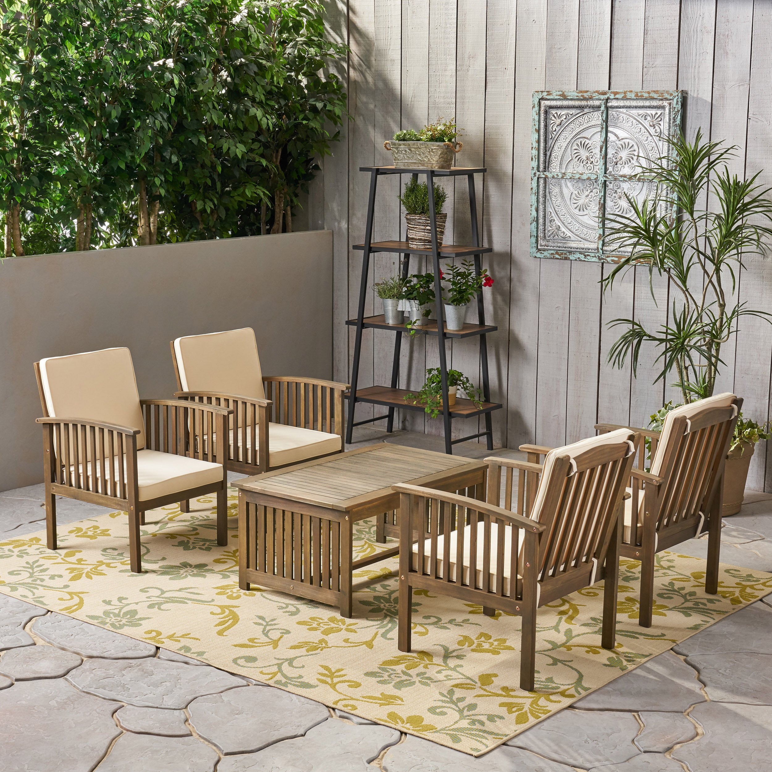 Tolbert Outdoor 4-Seater Acacia Wood Club Chairs with Coffee Table