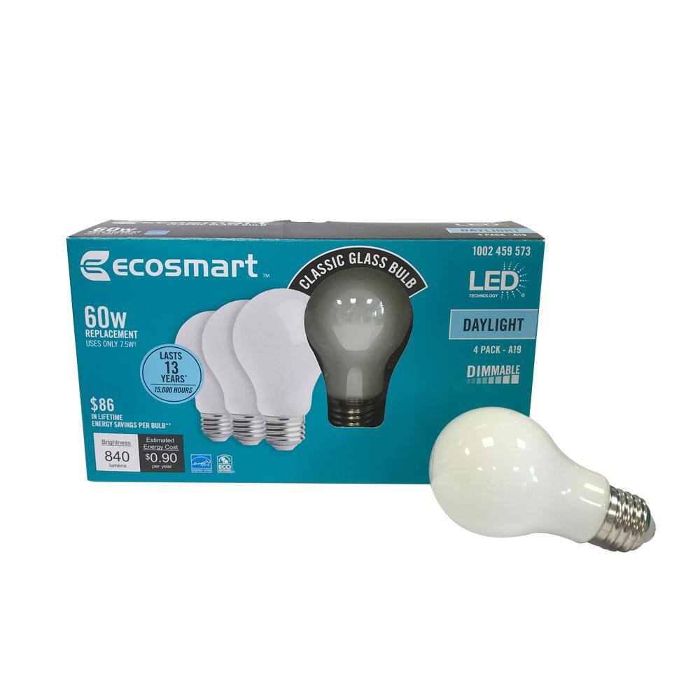 EcoSmart 60-Watt Equivalent A19 Dimmable Energy Star Frosted Filament LED Light Bulb Daylight (4-Pack) A7A19A60WESQD03