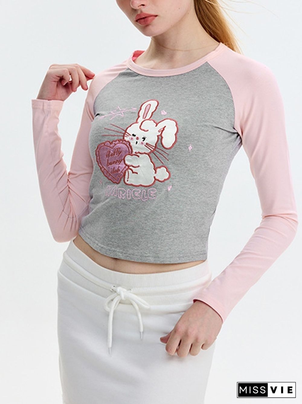 Cute Rabbit Embroidery Raglan Long Sleeve Tee