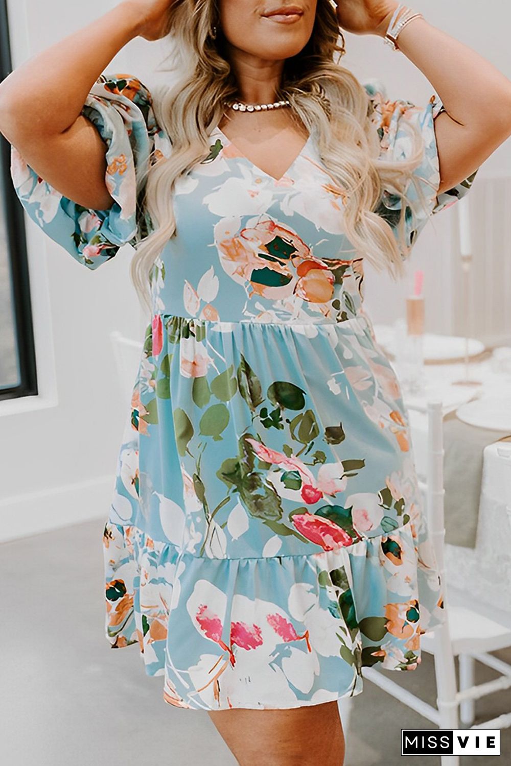 Sky Blue Floral Print Ruffled Puff Sleeve Plus Size Mini Dress