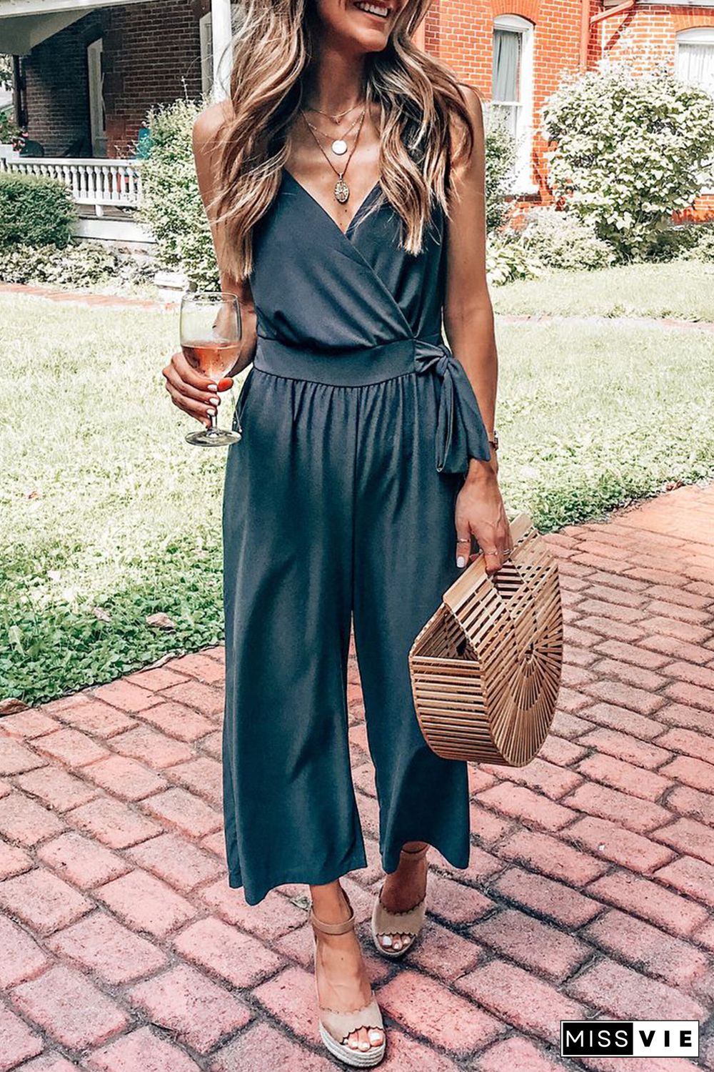 Black Surplice V Neck Wide Leg Jumpsuit