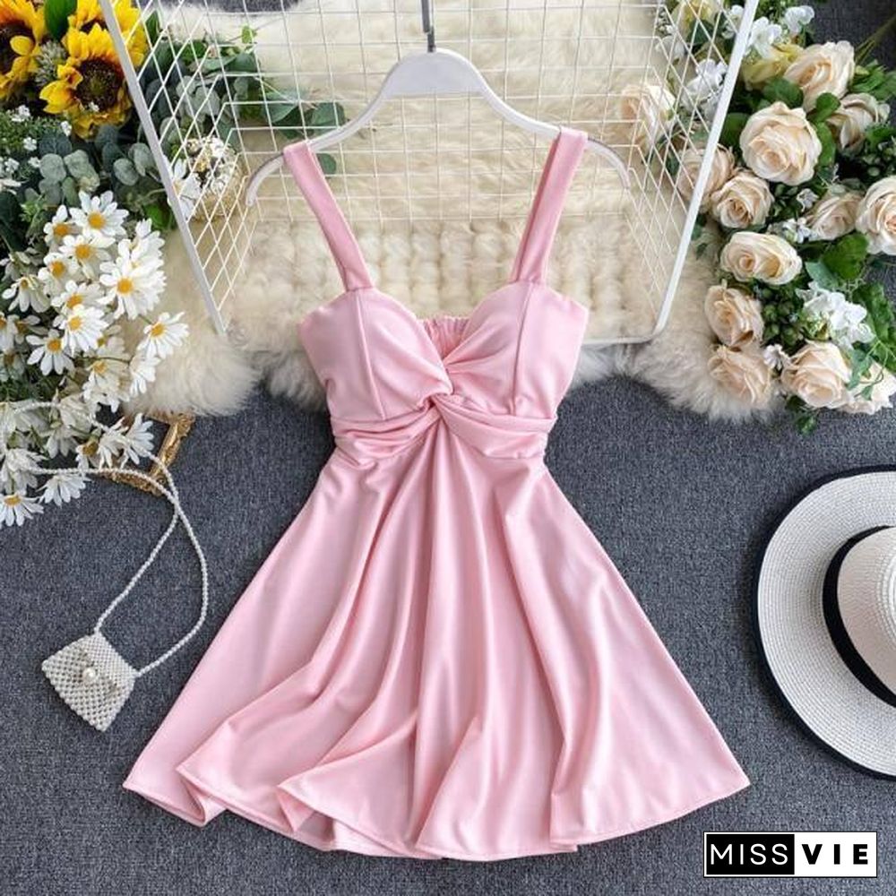 Women A-line Sexy Dress V-Neck Spaghetti Strap Backless Mini Dresses Soild Color Vestidos Slim Trend High Waist For Party