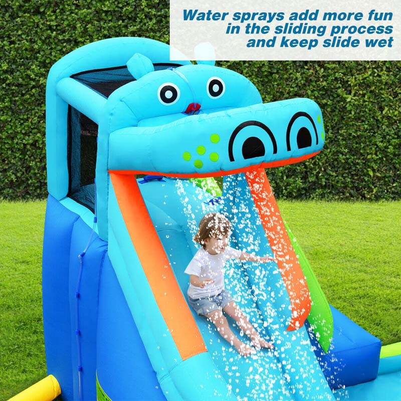 5-in-1 Hippo Water Park Bounce House Inflatable Water Slide with Splash Pool, Climbing Wall, Water Cannon, 740W Blower