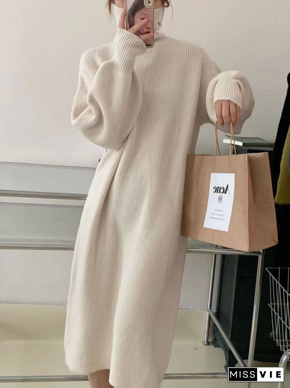 Long Sleeves Loose Solid Color High Neck Midi Dresses Sweater Dresses