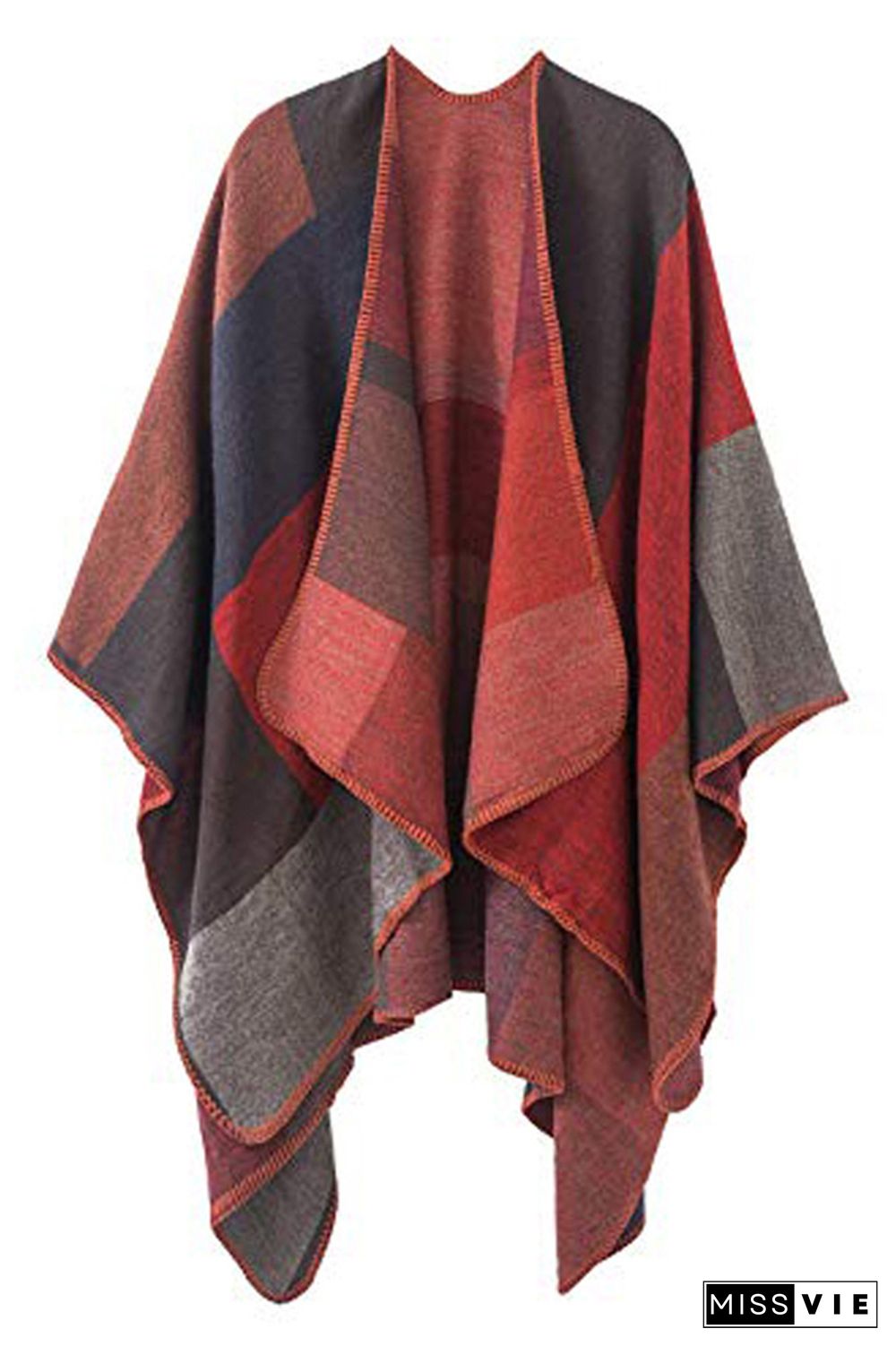 Colorblock Contrast Front Open Plaid Cape Cover Up