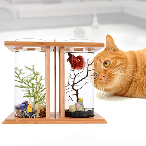 Oukaning Mini Fish Tank With Led Light Wooden Base Creative Double Glass Diy Aquarium