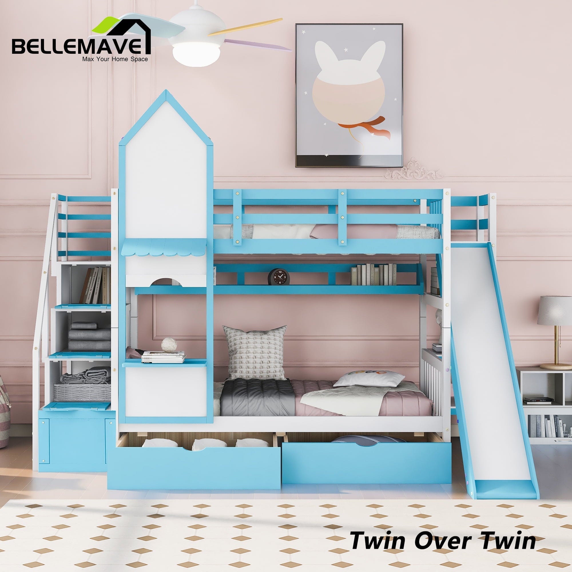 BELLEMAVE Kids Castle Bunk Bed with Storage Drawers, Shelf, Slide and Safety Guardrail, Twin over Twin Bunk Bed with Stairs, Castle Bunk Bed/Playhouse Bed for Girls, Boys, Kids(Blue)