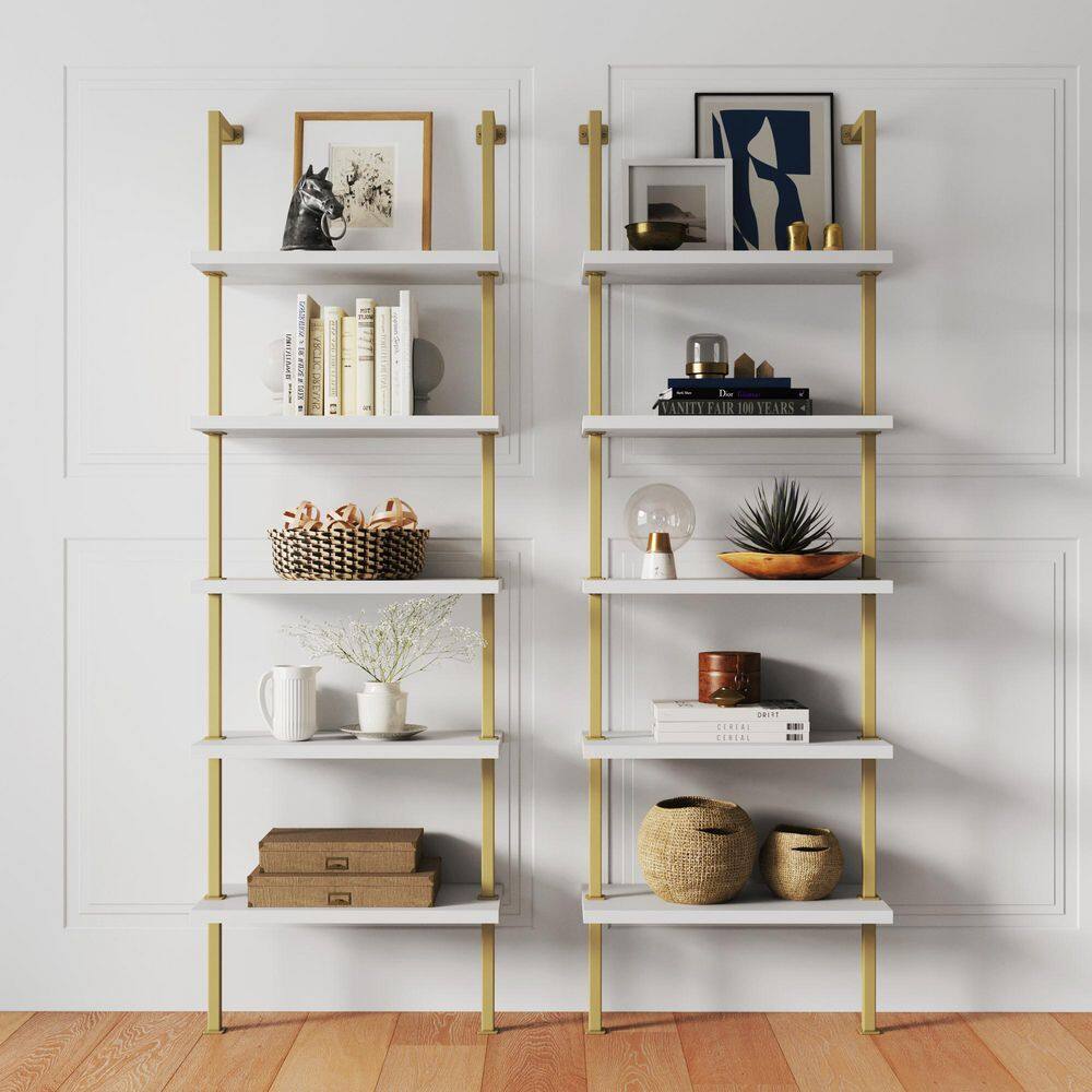 Nathan James Theo White 5-Shelf Ladder Bookcase or Bookshelf with Gold Metal Frame (Set of 2) 66001-2