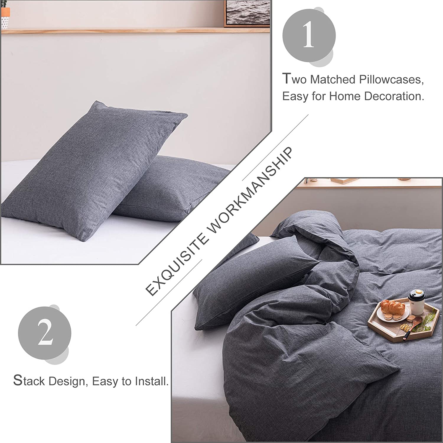 EWAYBY 3-Piece 100% Washed Cotton Duvet Cover and Sham Set(Queen， Grey)