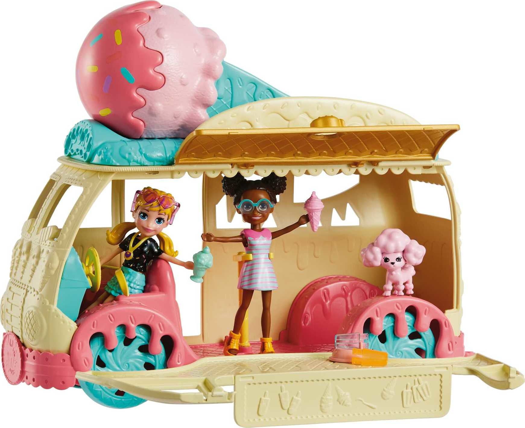 Polly Pocket Tiny Treats Ice Cream Playset, Vehicle Toy with 2 (3-inch) Dolls and 18+ Accessories