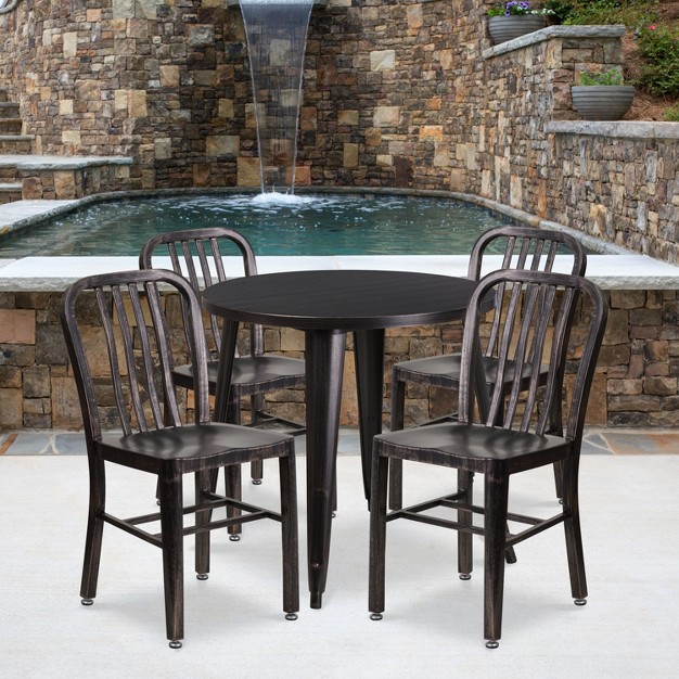 Round Metal Indoor outdoor Table Set amp 4 Slat Back Chairs