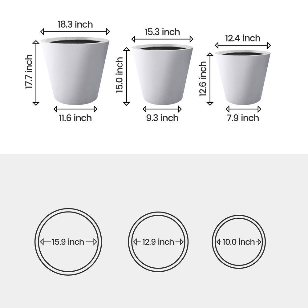 PLANTARA 18 in. x 15 in. x 13 in. D Solid White Concrete Plant Pot(Set of 3)， Modern Round planter， Outdoor Flower pot for Garden PA154S3-8011