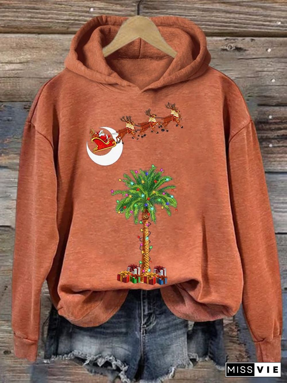 Women's Christmas Palm Tree Print Casual Hoodie