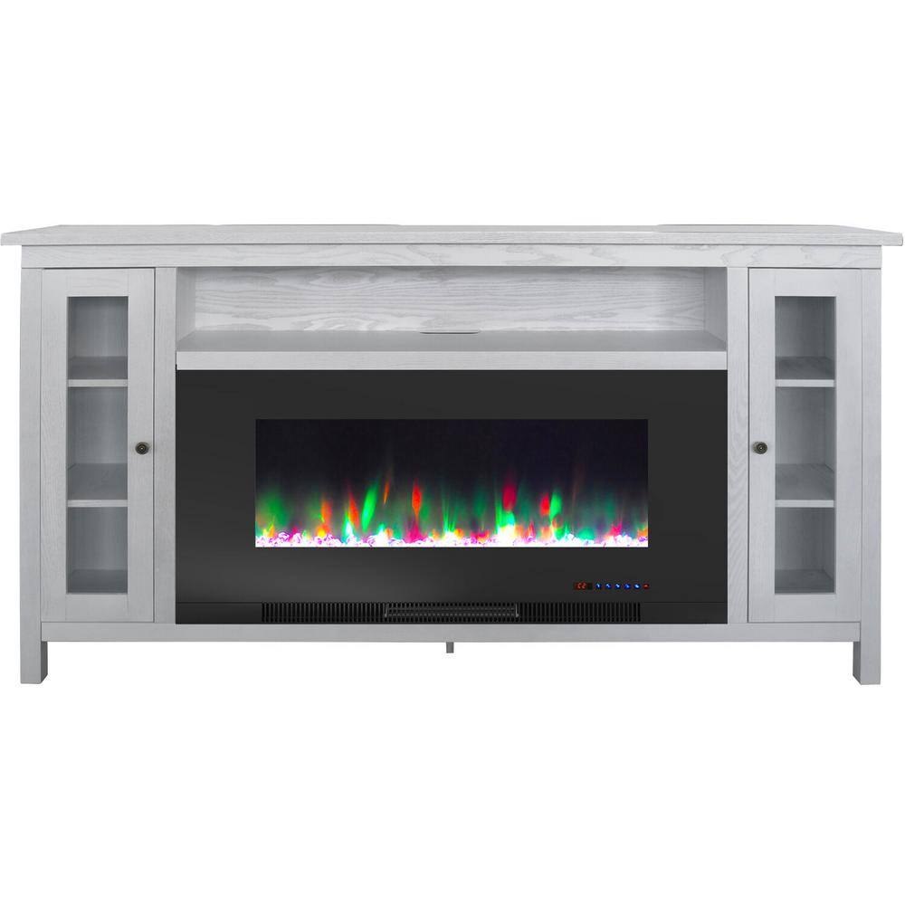 Hanover Brighton 69.7 in. W Freestanding Electric Fireplace TV Stand in White with Crystal Rock Display FS6938-1BWT