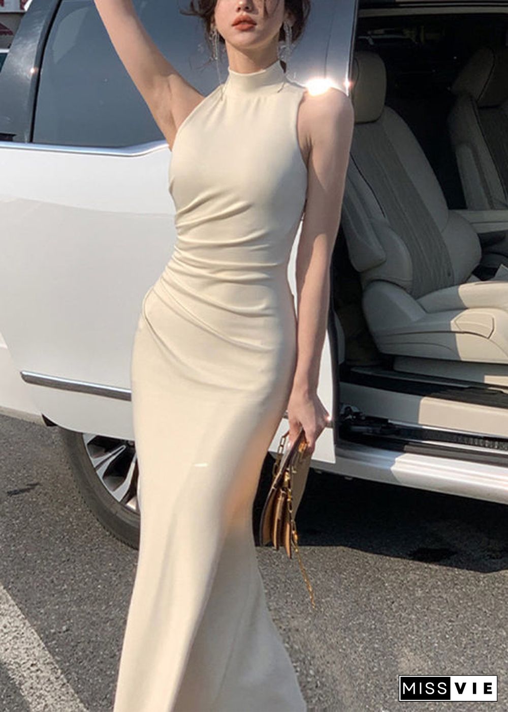 Style Beige Turtleneck Solid Slim Maxi Dress Summer