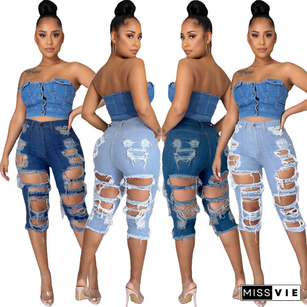 Women Sexy Streetwear Solid Color Skinny Stretch Ripped Hole High Waist Knee Length Pencil Jeans