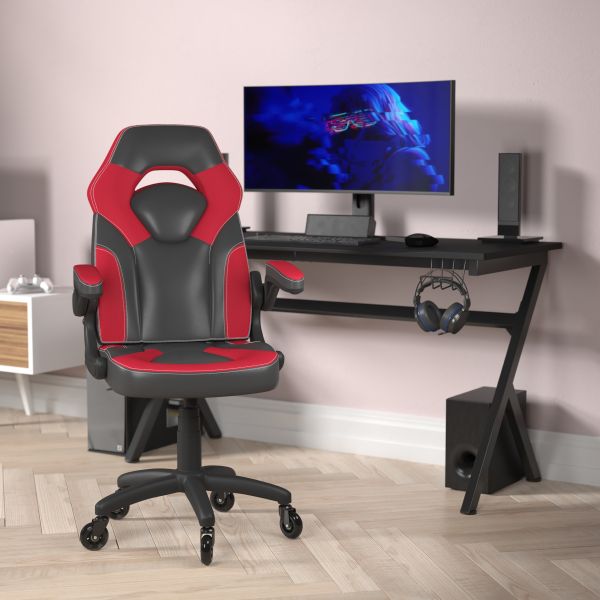 X10 Gaming Chair Racing Office Computer PC Adjustable Chair with Flip-up Arms and Transparent Roller Wheels， Red/Black LeatherSoft