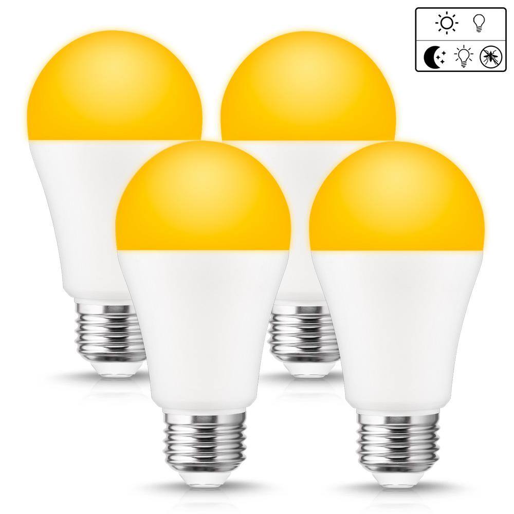 YANSUN 12-Watt 100-Watt Equivalent A19 Dusk to Dawn LED Bug Light Bulb E26 Base in Yellow-Colored 2000K (4-Pack) H-FZQW001E26-8