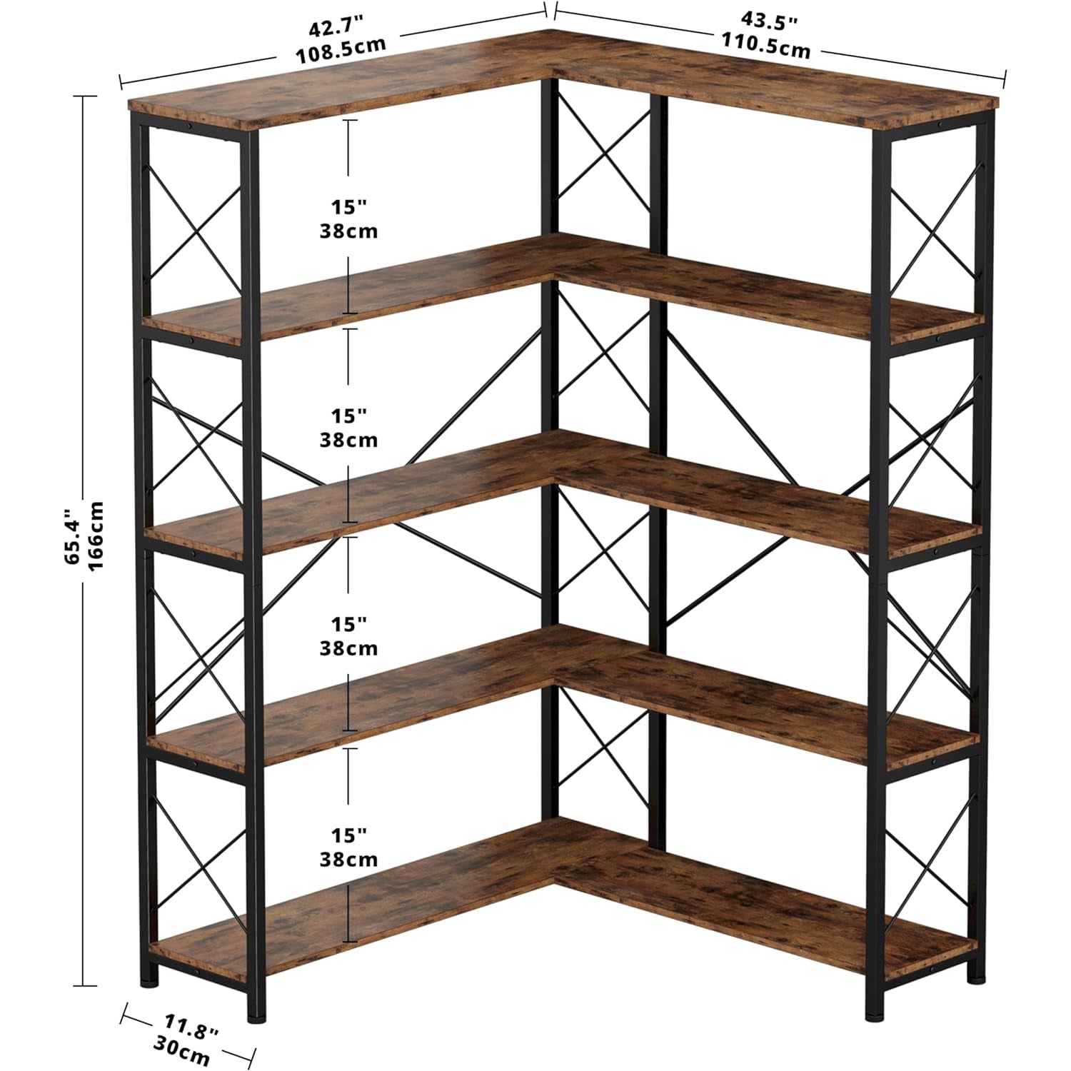 Corner Bookshelf 5 Tiers/6 Tiers Industrial Bookcases Shelf Storage Rack with Metal Frame