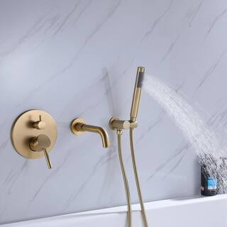 Hlihome Double-Handle Wall Mounted Roman Tub Faucet with Hand Shower in Brushed Gold RBDK-0908-BG