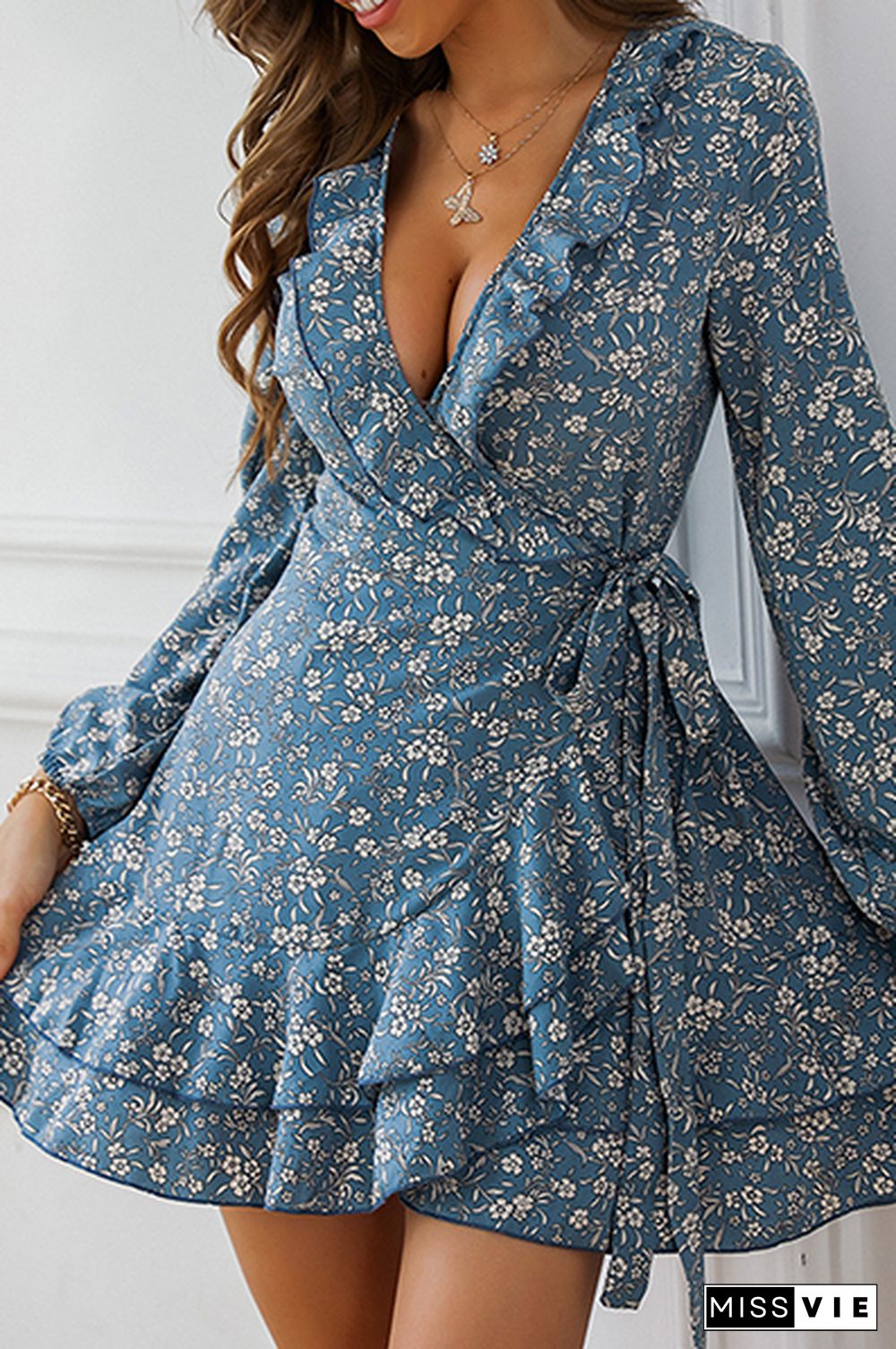 Elegant Floral Frenulum Flounce V Neck A Line Dresses