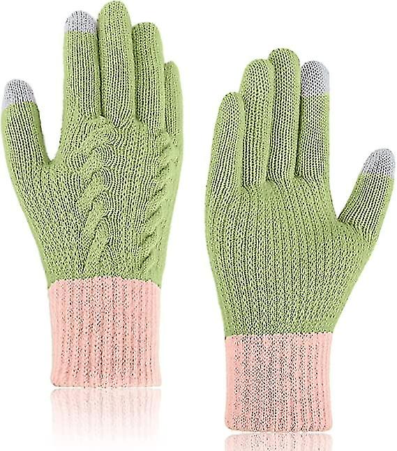 Women Touch Screen Gloves - Winter Warm Knitted Touchscreen Gloves Thermal Cable Knit Gloves Fleece Lined Full Finger Gloves2setgreen+pink