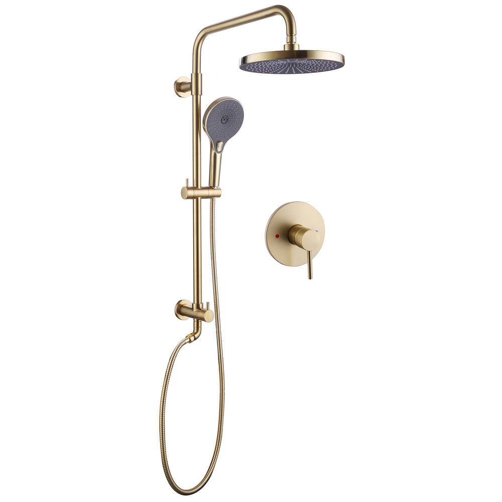 Tomfaucet 2-Spray Patterns 10 in. Wall Mount Dual Shower Heads with 3-Setting Hand Shower System in Brushed Gold TFK0113BG