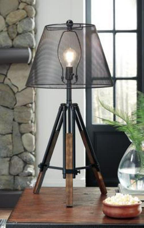 Signature Design by Ashley Leolyn Urban Adjustable Height Tripod Base with Wire Mesh Shade Single Table Lamp， Black and Brown