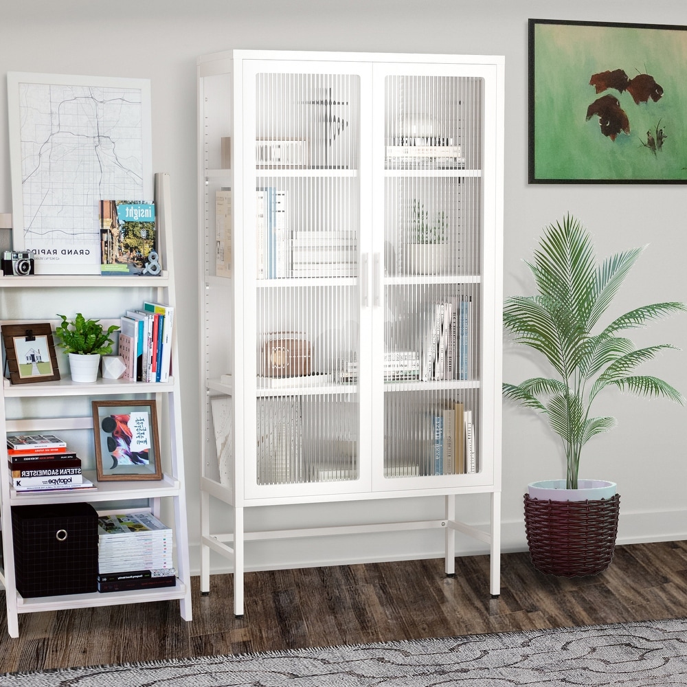 Double Glass Door Storage Cabinet with Adjustable Shelves and Feet Cold Rolled Steel Sideboard Furniture