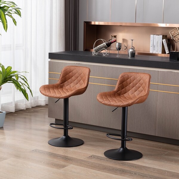 Modern Bar Stools Set of 2 Adjustable Mechanical Lifting PU and Black Leg Bar Stool， Chrome Footrest and Base Swivel Height