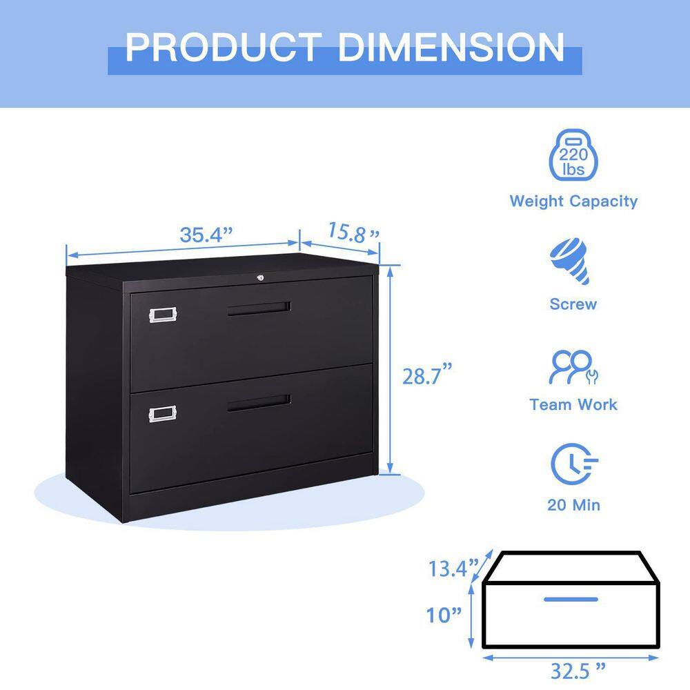 Zeus  Ruta Black File Cabinet 2-Drawer with Lock Locking Metal Lateral Filing Cabinet for Home Office ZeusOffice111BK