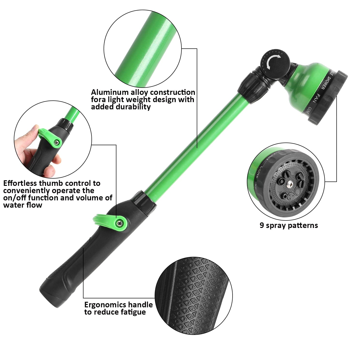 STYDDI Heavy Duty Watering Wand with Pivoting Head， Metal Garden Watering Wand with Thumb Flow Control， 18 Inches Garden Nozzle Sprayer with 9 Patterns， Green