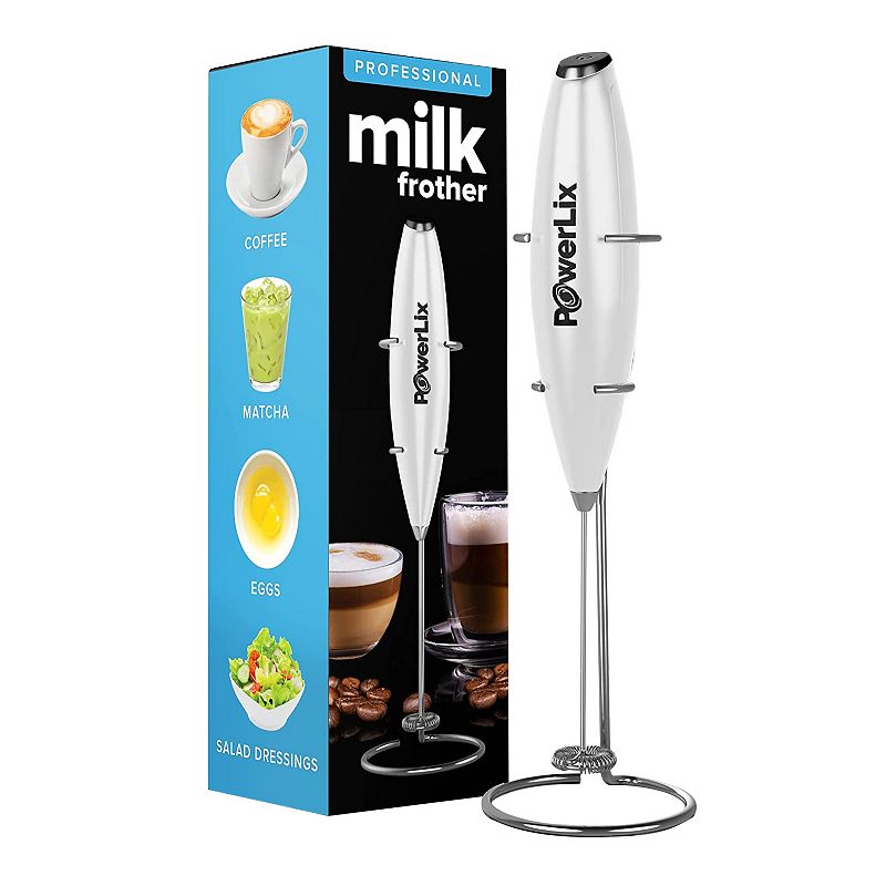 PowerLix Milk Frother Handheld Battery Operated Electric Whisk Foam Maker For Coffee - With Stainless Steel Stand Included