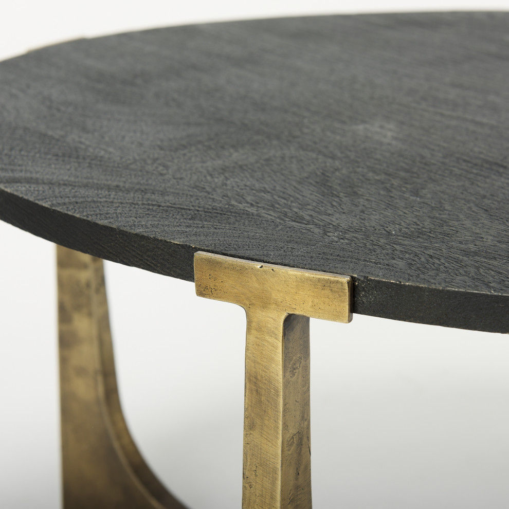 Atticus Black Solid Wood And Antiqued Gold Metal Round Coffee Table   Modern   Coffee Tables   by Mercana  Houzz