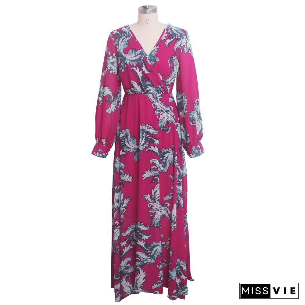 Floral Print Chiffon V-Neck Long Sleeve Sashes Dress