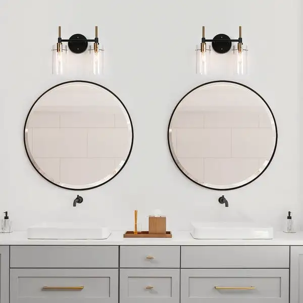 Modern Black Gold Bathroom Vanity Light Dimmable Wall Sconces with Cylinder Glass